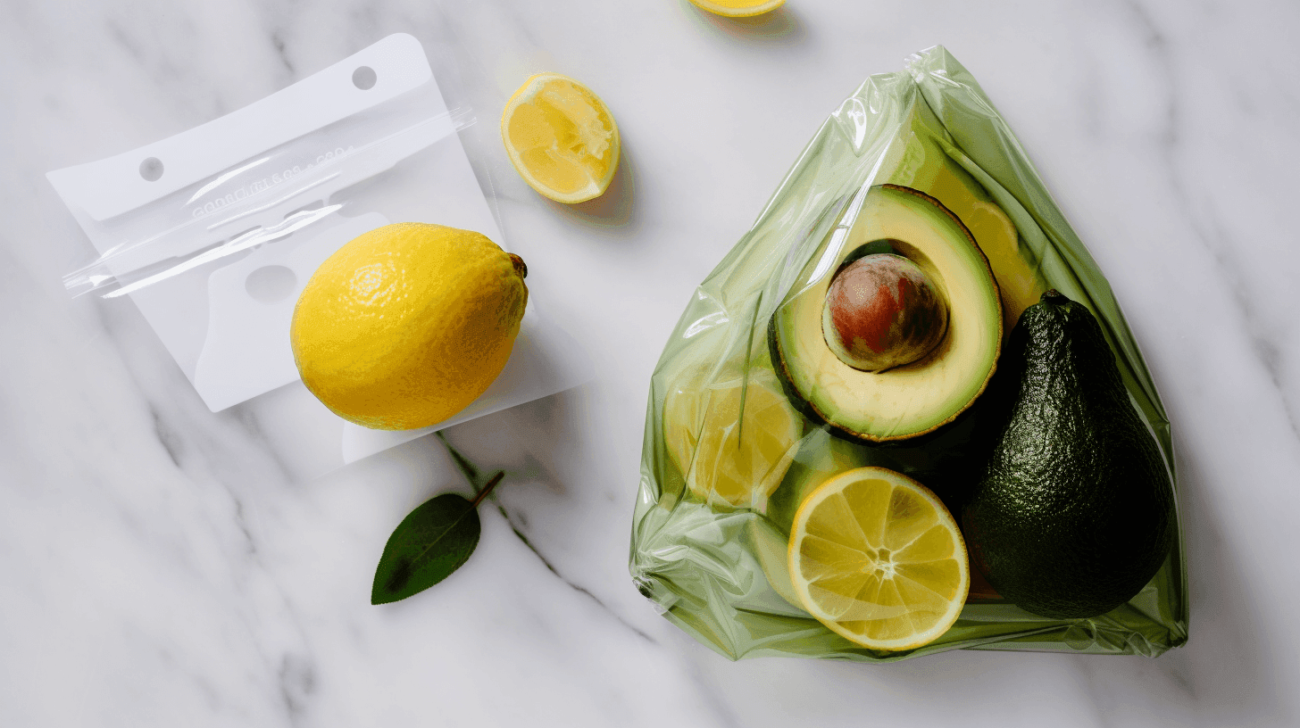 Fresh avocado half with a pit stored in a reusable bag alongside lemon slices on a marble surface."