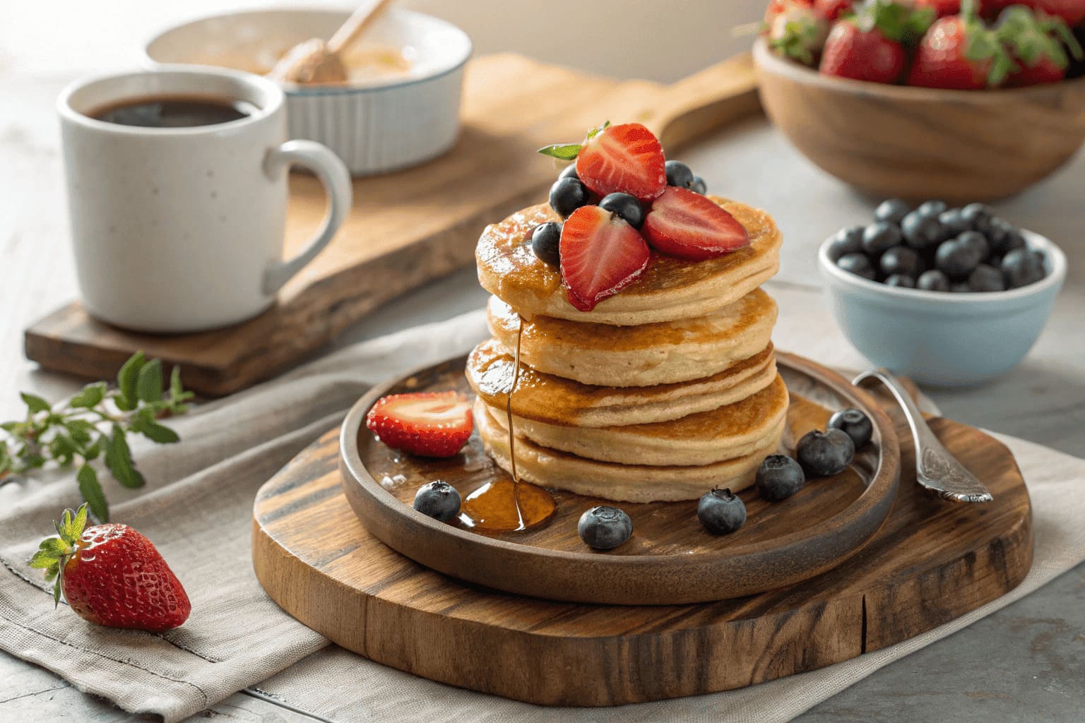 A stack of golden mini pancakes topped with fresh strawberries, blueberries, and maple syrup on a wooden plate, surrounded by a cup of coffee, a bowl of fruit, and a cozy breakfast setting