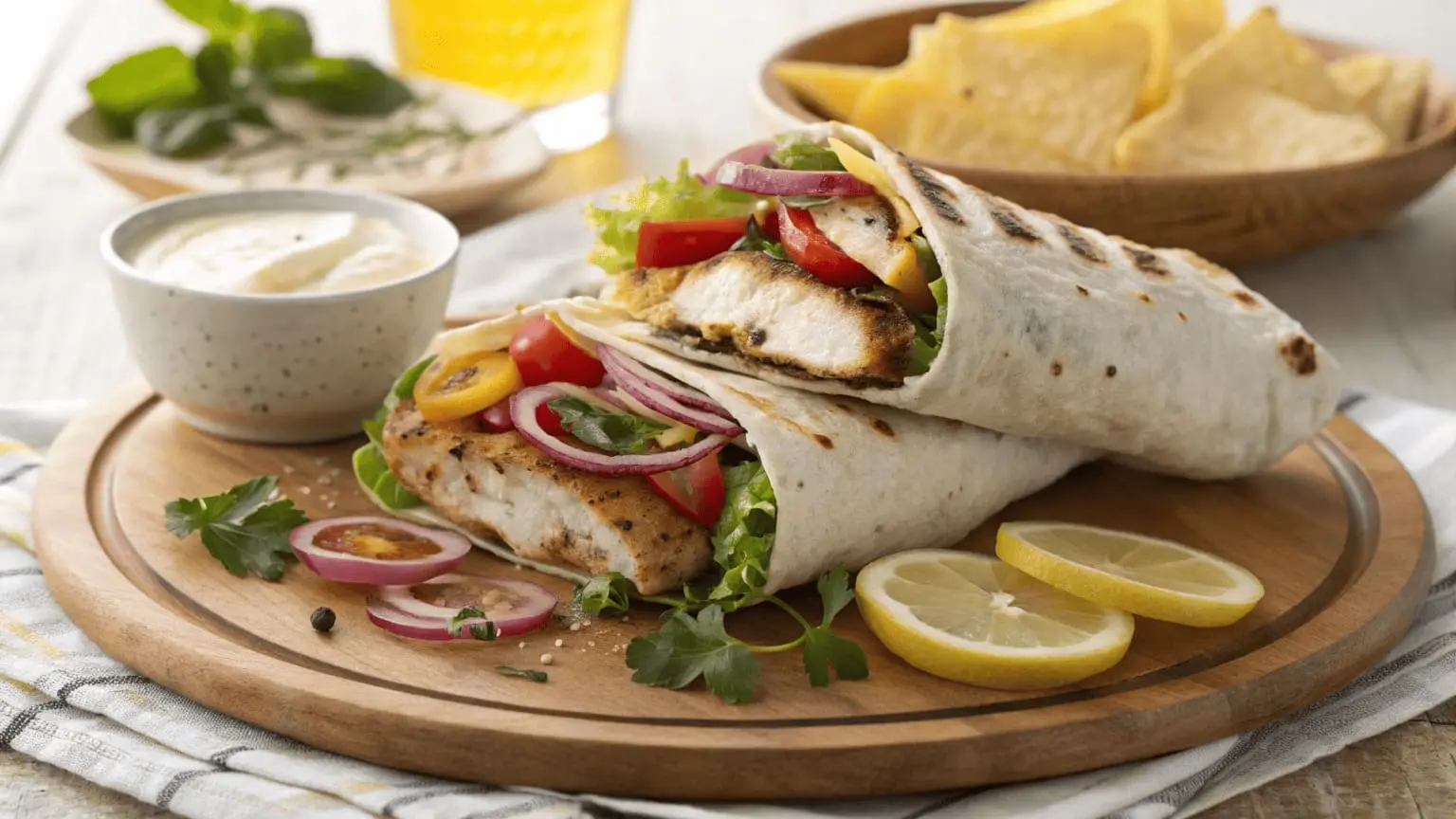 Grilled chicken wrap sliced in half, filled with juicy chicken, fresh vegetables, and served with lemon slices and dipping sauce on a wooden platter