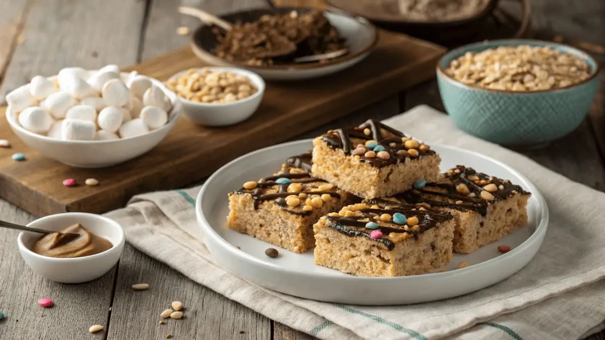 Peanut butter rice crispy treats on a white plate, topped with chocolate drizzle and colorful sprinkles, surrounded by bowls of marshmallows, peanut butter, and rice cereal on a rustic wooden table.