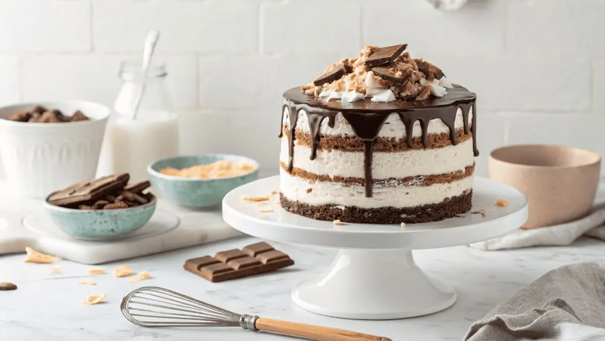 A beautifully layered Mounds Cake with moist chocolate sponge, creamy coconut filling, and glossy ganache drips, topped with toasted coconut and chocolate pieces, displayed on a white cake stand with baking tools and ingredients in the background.