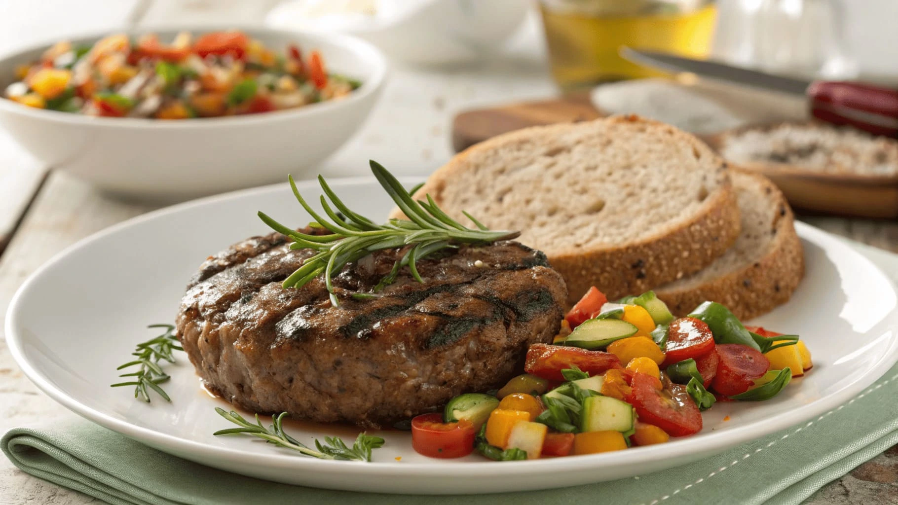 Juicy 80/20 ground beef patty garnished with rosemary, served with fresh vegetable salad and slices of whole-grain bread on a white plate