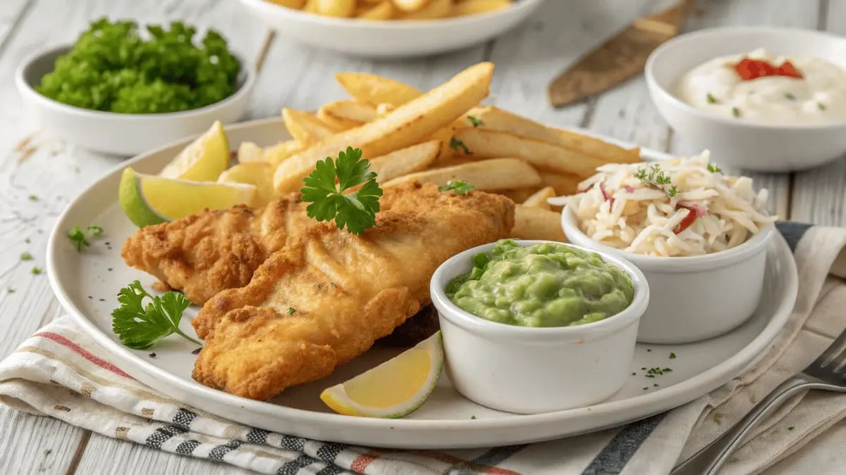 A plate of golden battered fish served with French fries, mushy peas, and coleslaw, garnished with fresh parsley and lemon wedges