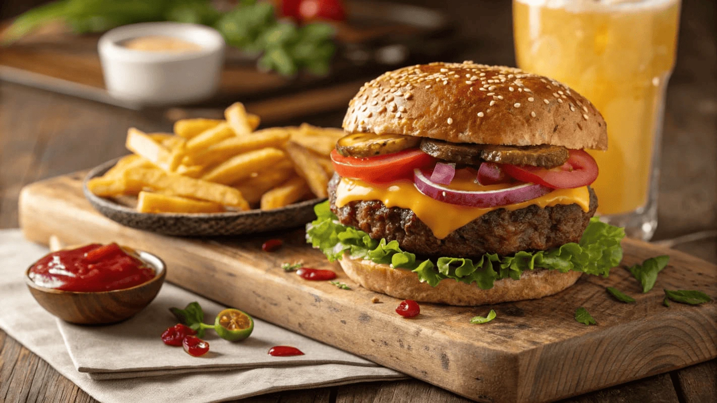 A gourmet burger with 80/20 ground beef, melted cheddar cheese, fresh lettuce, sliced tomatoes, red onions, and pickles, served with a side of golden fries and ketchup, placed on a wooden board.