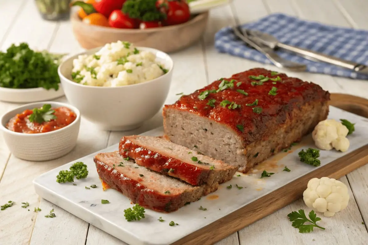 Sliced halal keto meatloaf topped with tomato glaze, garnished with parsley, served on a wooden platter alongside cauliflower mash and fresh vegetables