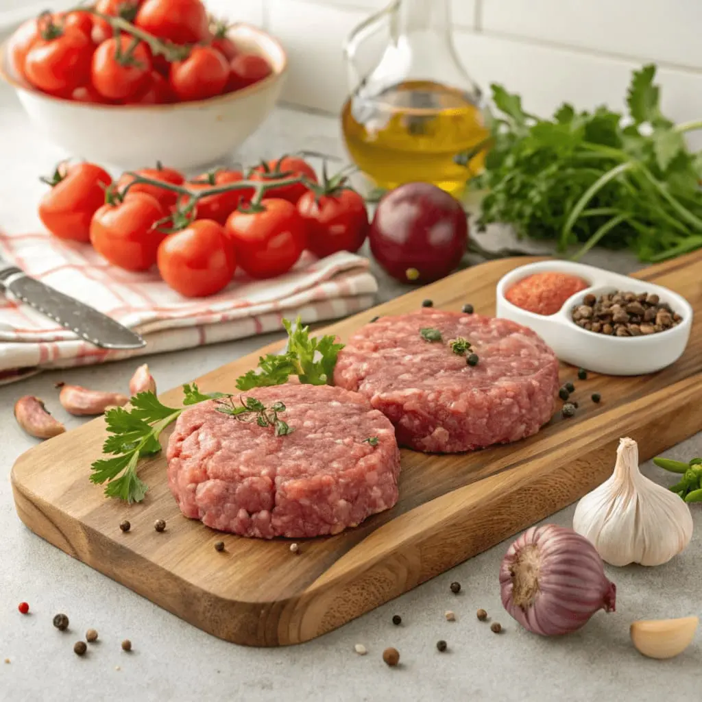 80/20 ground beef patties on a wooden cutting board surrounded by fresh ingredients like tomatoes, garlic, parsley, and spices in a kitchen setting