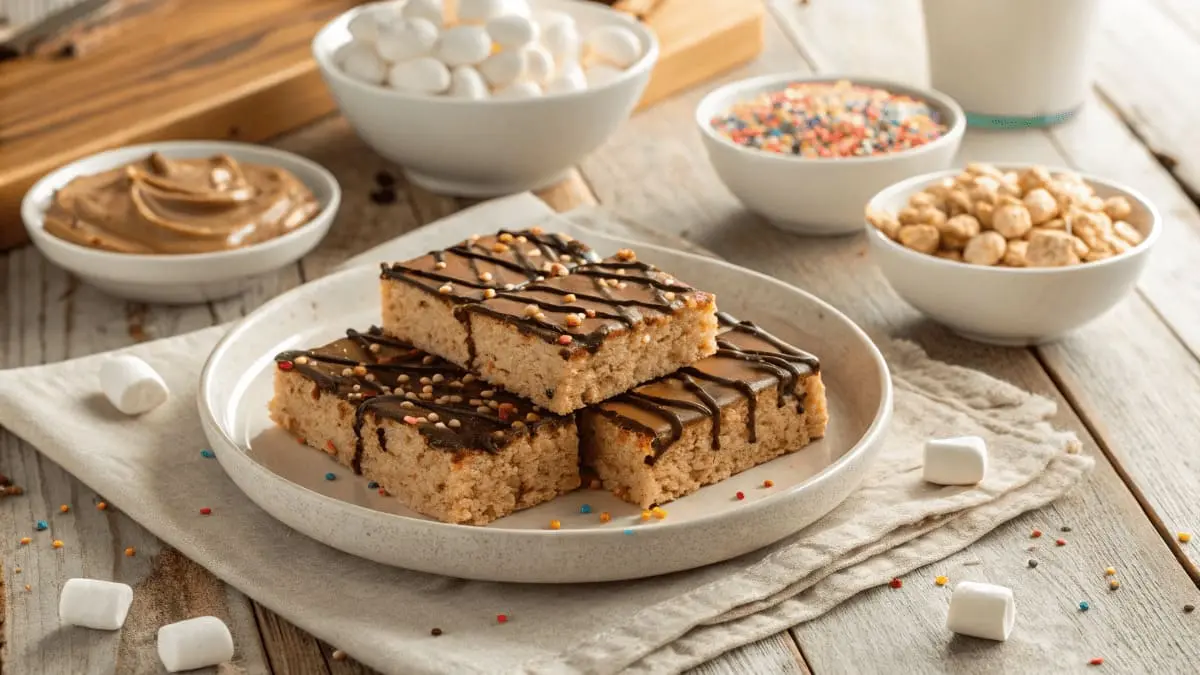 Peanut butter rice crispy treats topped with chocolate drizzle and sprinkles, displayed on a plate surrounded by bowls of marshmallows, peanut butter, sprinkles, and rice cereal on a rustic wooden table."