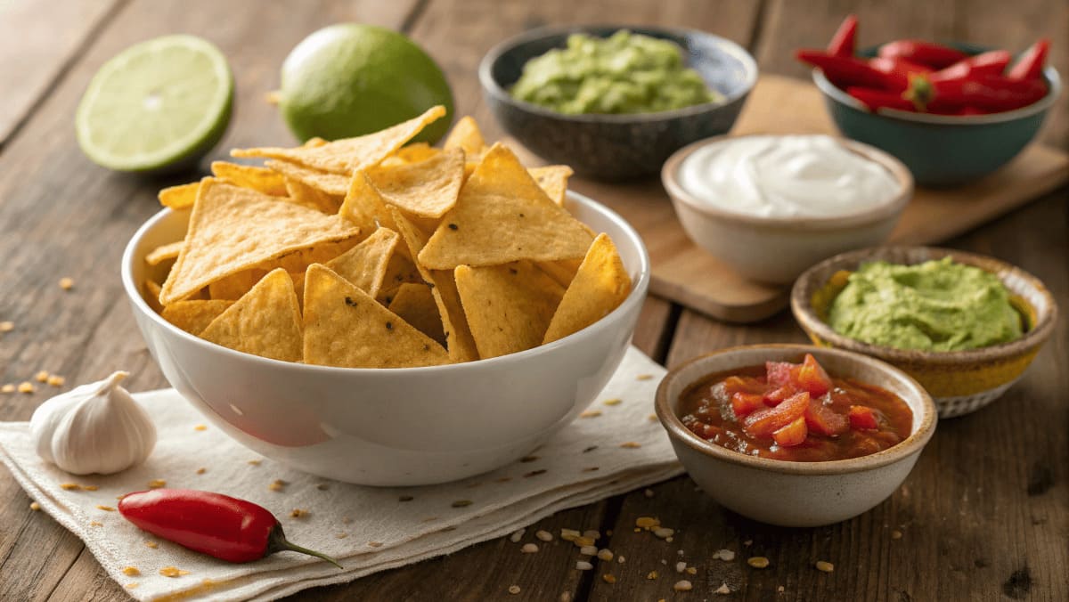 A bowl of golden, crispy corn tortilla chips surrounded by guacamole, salsa, sour cream, and fresh ingredients like lime, garlic, and chili peppers