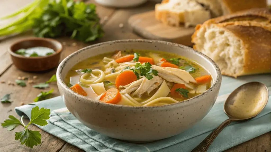 A comforting bowl of homemade chicken noodle soup with shredded chicken, egg noodles, carrots, and fresh parsley, served in a rustic ceramic bowl with bread and herbs in the background.