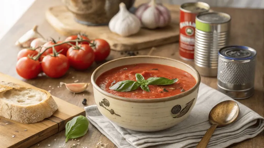 A steaming bowl of Panera-style tomato soup garnished with fresh basil leaves, surrounded by canned tomatoes, fresh garlic, and a loaf of crusty bread on a wooden table.