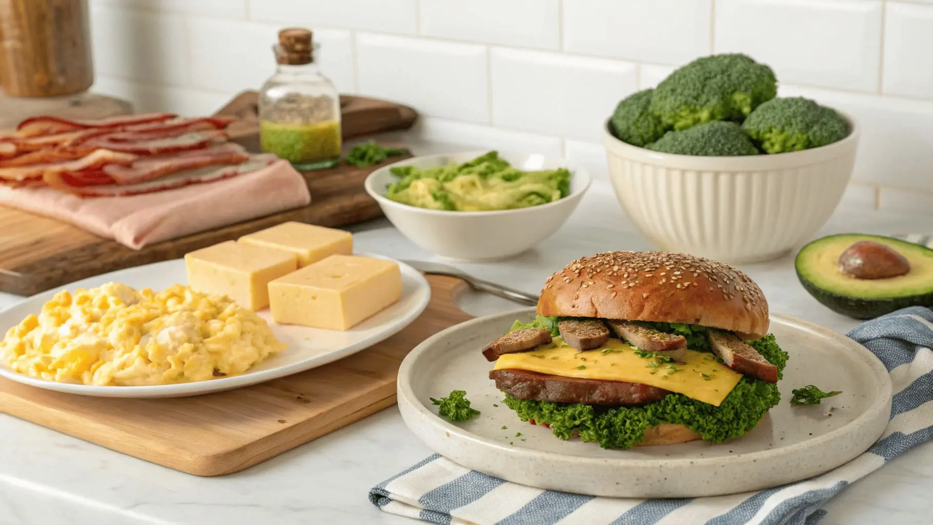 A plate of lazy keto meals in a cozy kitchen setup, featuring a bunless cheeseburger with cheese and lettuce, scrambled eggs, cheese cubes, bacon, and a bowl of guacamole alongside fresh broccoli and avocado.