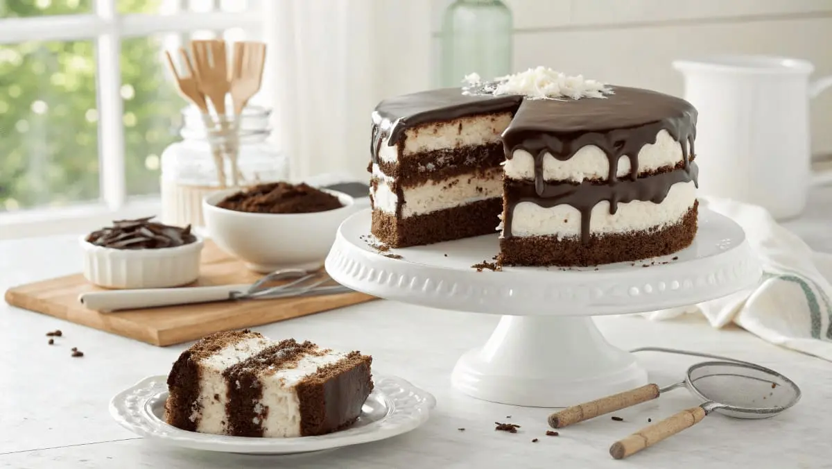 A beautifully crafted Mounds cake with chocolate layers, creamy coconut filling, and ganache drips, displayed on a white cake stand with a slice on a plate, surrounded by baking tools and ingredients in a bright kitchen.