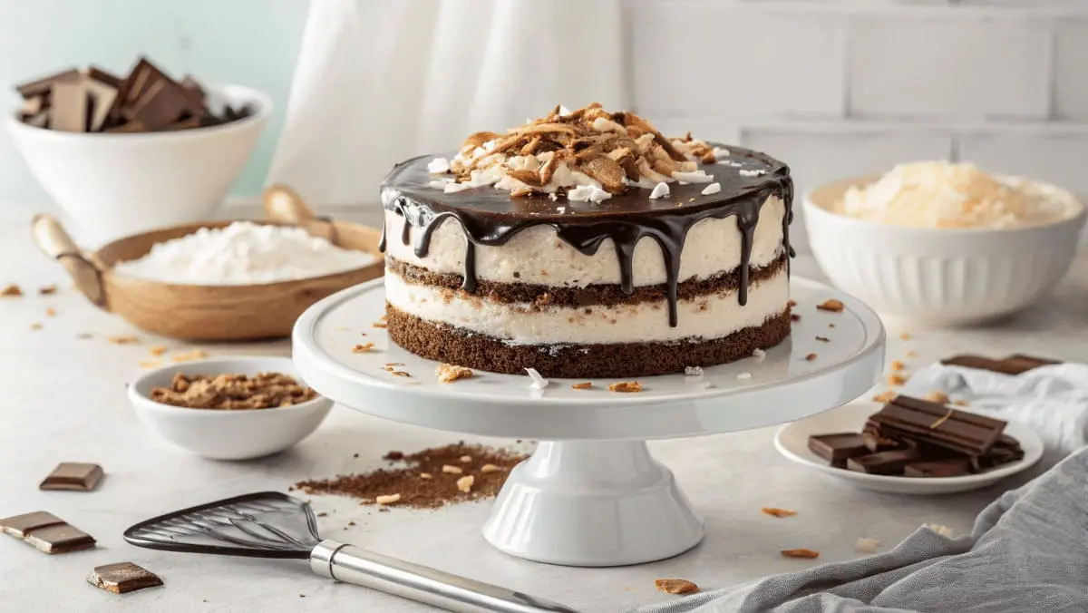 A decadent Mounds candy bar cake featuring moist chocolate layers, creamy coconut filling, and glossy ganache drips, topped with toasted coconut flakes and chocolate pieces, displayed on a white cake stand with baking tools and ingredients in the background.