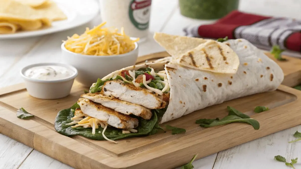 A close-up of a grilled chicken wrap with sliced chicken, fresh greens, shredded cheese, and creamy dressing, served on a wooden board.