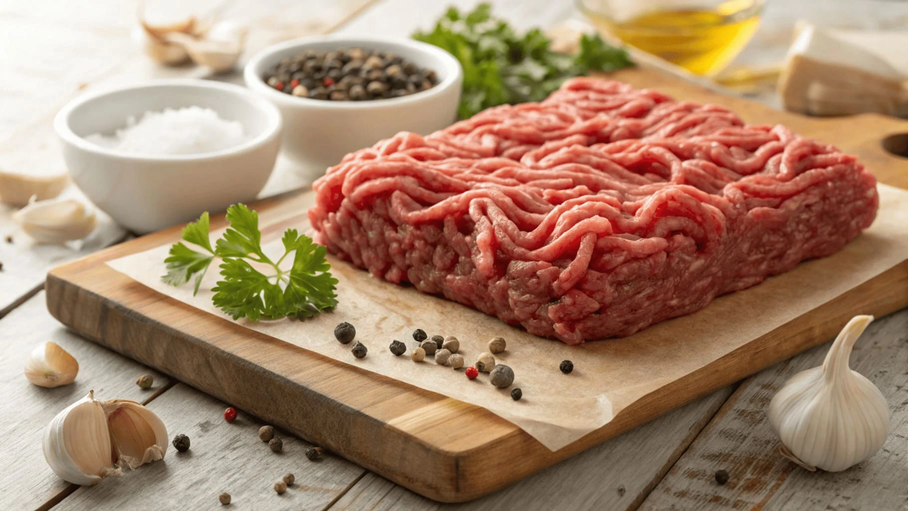 Close-up of raw 80/20 ground beef on a wooden cutting board with fresh parsley, garlic cloves, and small bowls of salt and pepper in the background