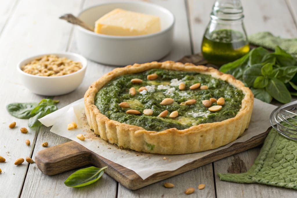 A freshly baked spinach pesto tart topped with toasted pine nuts on a rustic wooden table, surrounded by bowls of ingredients like Parmesan, olive oil, and fresh spinach leaves