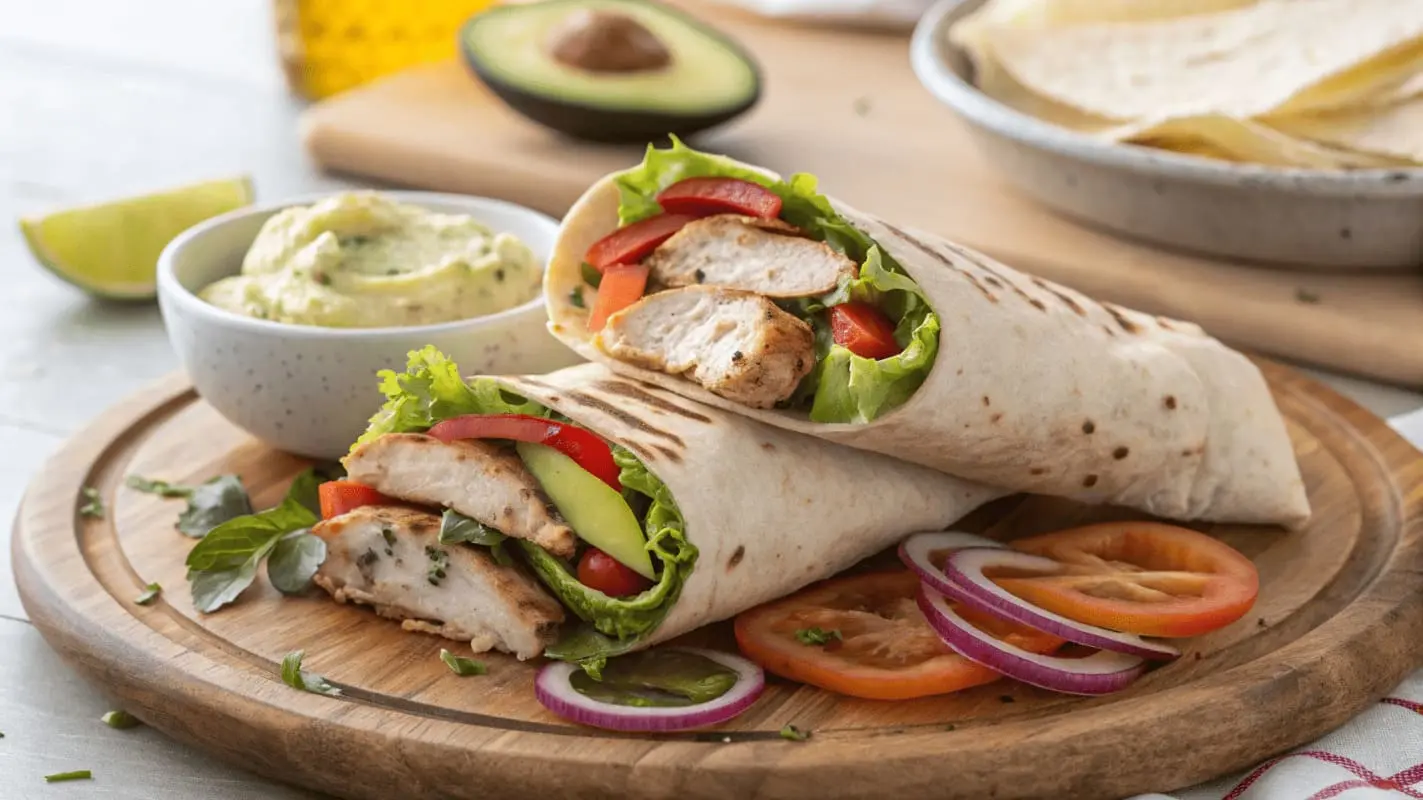 A freshly prepared grilled chicken wrap sliced in half, filled with juicy grilled chicken, fresh vegetables like lettuce, tomatoes, and avocado, served on a wooden plate with a bowl of guacamole in the background