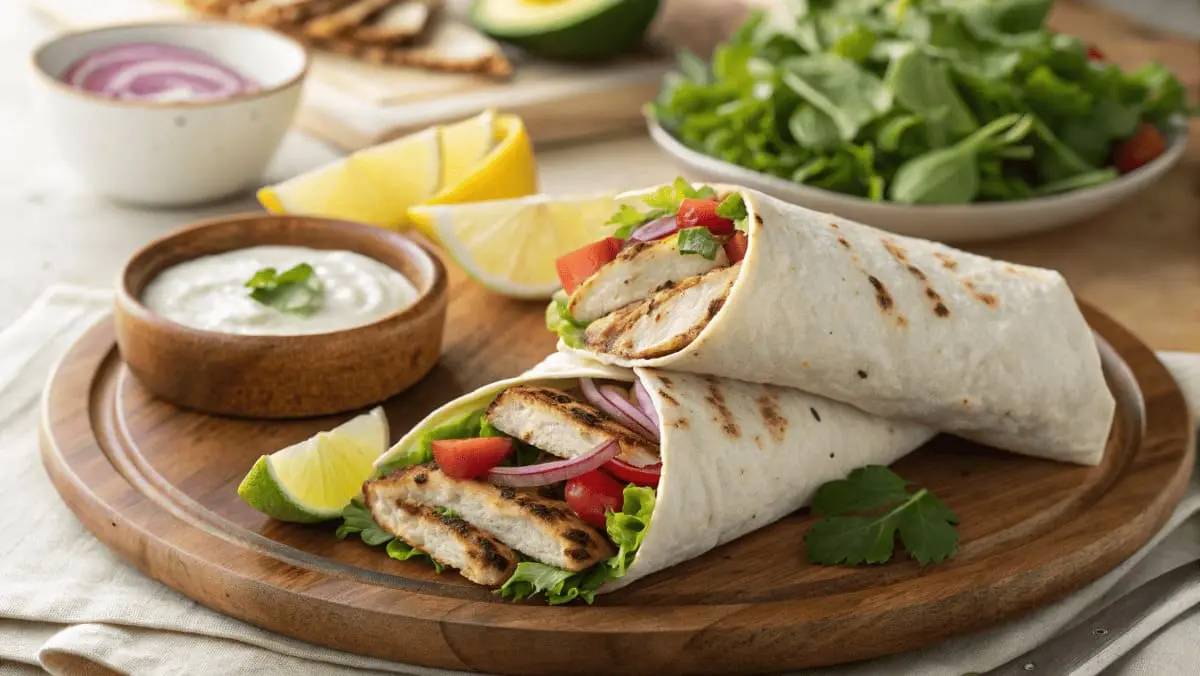 A grilled chicken wrap sliced in half, filled with juicy grilled chicken, fresh lettuce, tomatoes, red onions, and served with lemon wedges and tzatziki sauce on a wooden plate