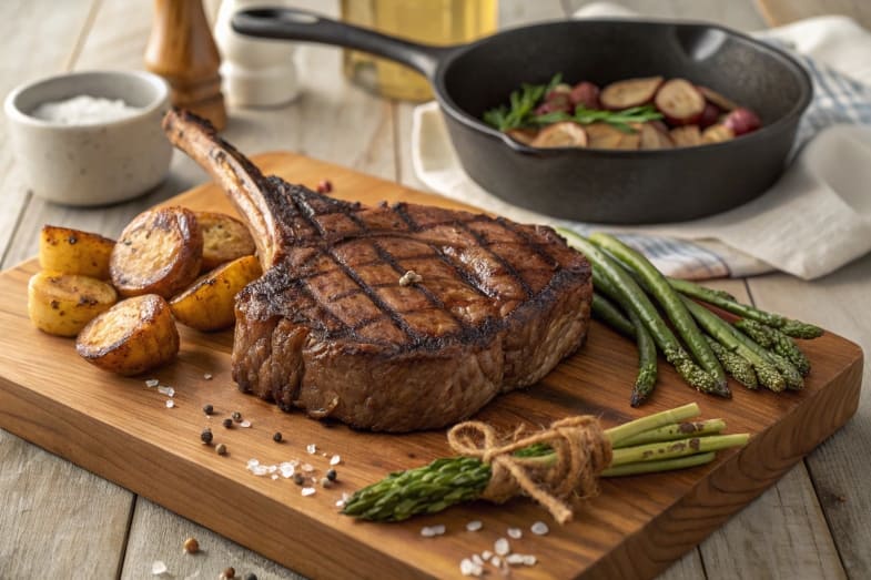 A perfectly grilled Cowboy Steak with crosshatch grill marks, served on a wooden board with roasted potatoes, asparagus, and a cast-iron skillet in the background