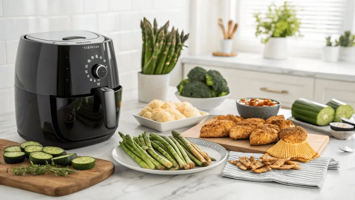 A modern kitchen counter featuring an air fryer surrounded by keto-friendly foods such as fresh asparagus, broccoli, cucumber slices, and air-fried chicken, along with low-carb sides like cheese crisps and cauliflower bites.