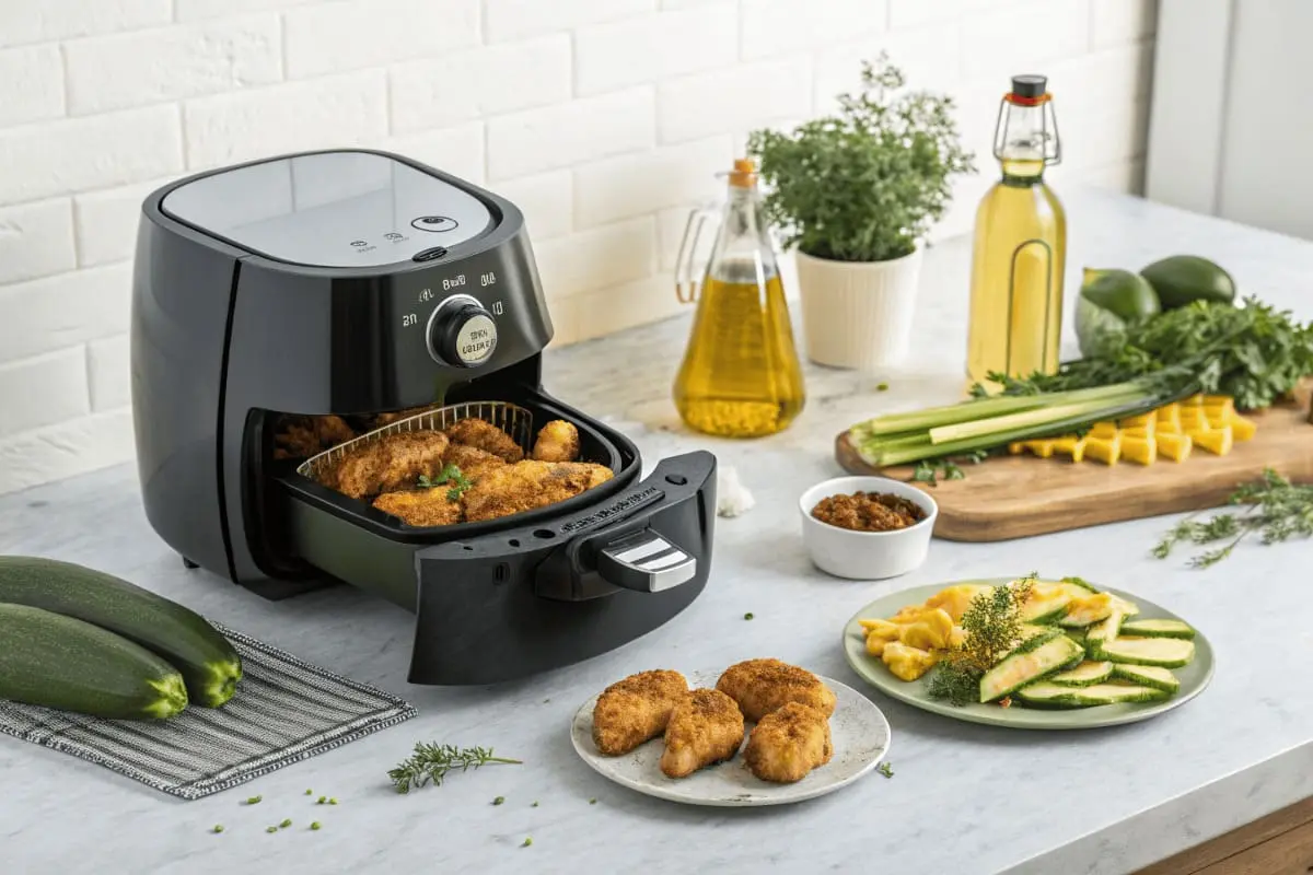 Air fryer on a countertop cooking crispy keto-friendly chicken, surrounded by fresh zucchini, herbs, olive oil, and plated low-carb side dishes