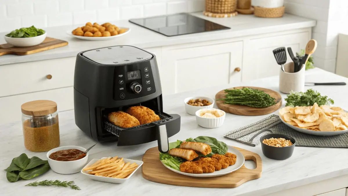 An air fryer in a modern kitchen surrounded by various foods, including breaded chicken, fries, salmon, greens, and sauces, showcasing its versatility.