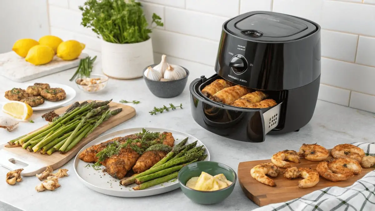 A modern kitchen counter featuring an air fryer with various keto dishes including asparagus, chicken, shrimp, and baked goods, surrounded by fresh ingredients like garlic, lemons, and parsley.