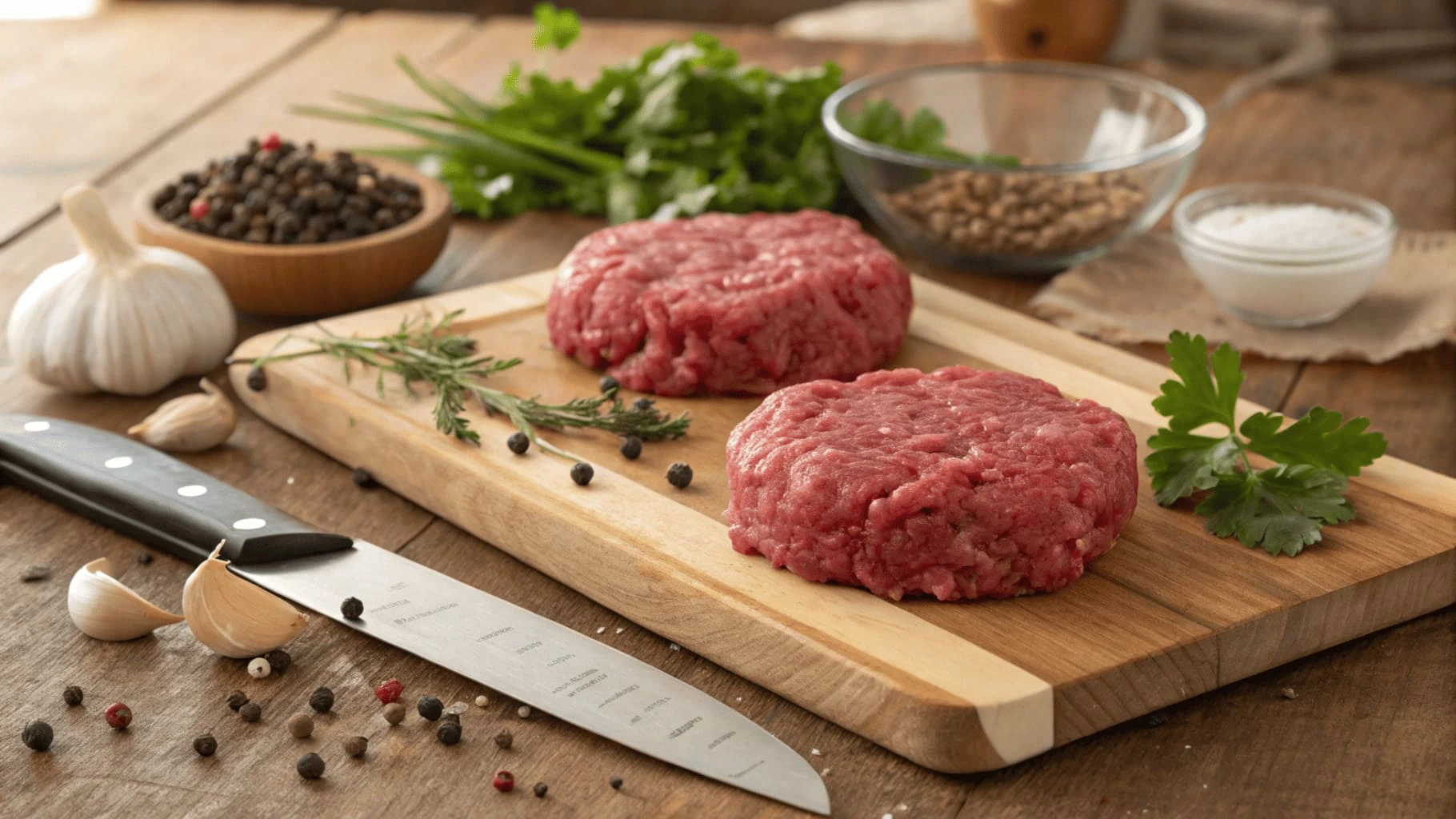 Side-by-side comparison of 80/20 ground beef patties on a wooden cutting board with fresh herbs, garlic, and black peppercorns in a rustic kitchen setting