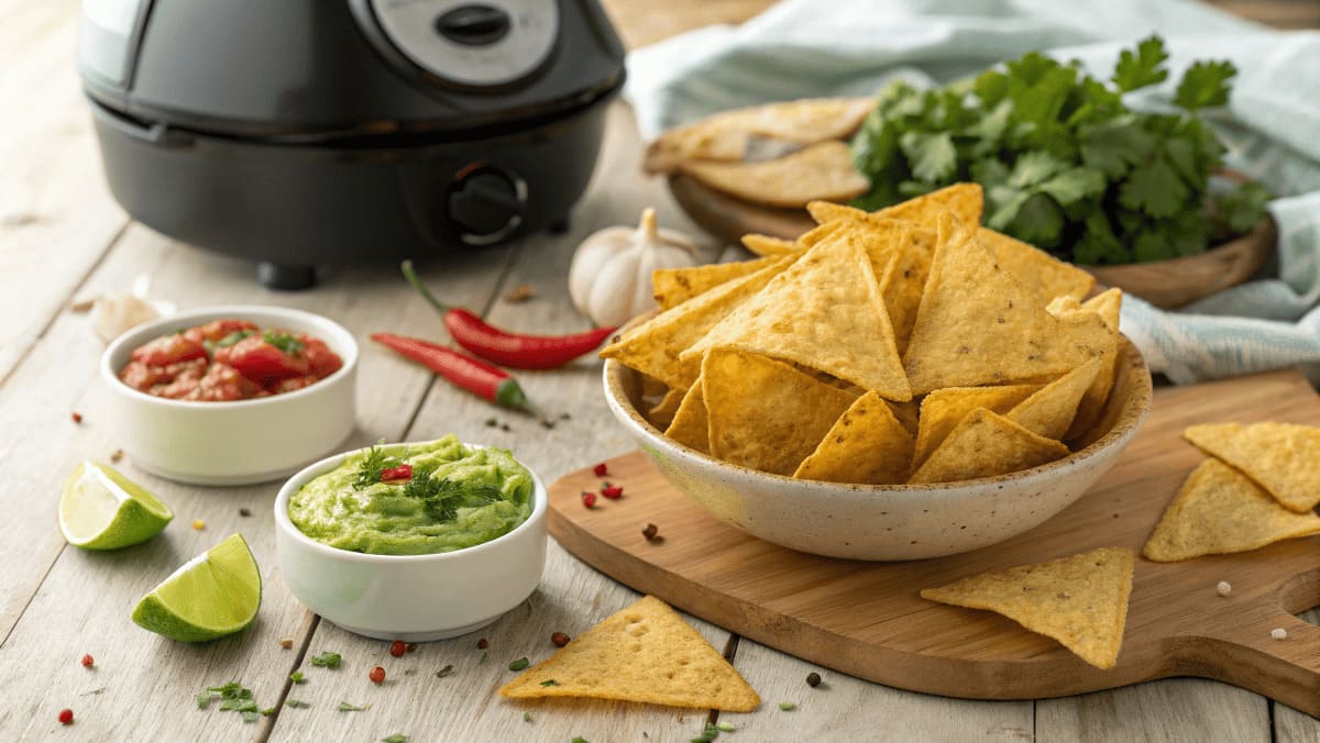 Golden low-carb tortilla chips served in a rustic bowl, accompanied by guacamole and salsa, with an air fryer in the background and fresh ingredients like lime and cilantro