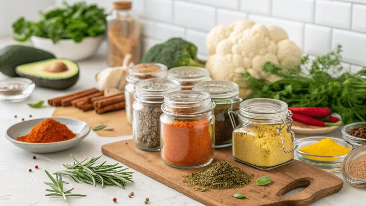 A ceramic slow cooker filled with creamy Tuscan chicken garnished with fresh parsley and sun-dried tomatoes, surrounded by keto-friendly sides like cauliflower rice, zucchini noodles, and fresh herbs.