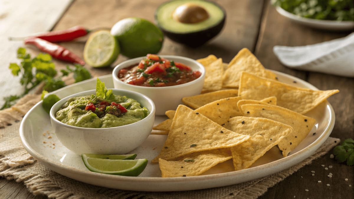 Plate of low-carb tortilla chips served with guacamole and salsa, garnished with lime wedges and fresh ingredients