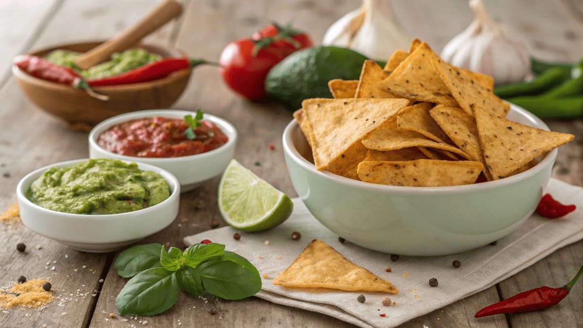 Homemade low-carb tortilla chips in a bowl, served with guacamole and salsa, surrounded by fresh ingredients like lime, chili peppers, and basil leaves