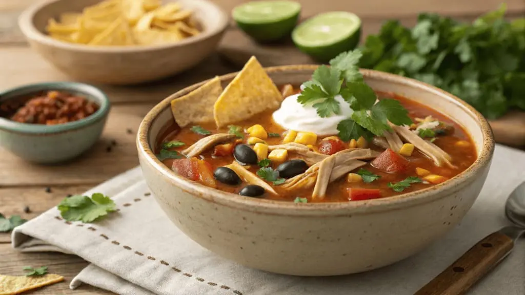 A bowl of chicken tortilla soup with shredded chicken, black beans, corn, tomatoes, and crispy tortilla chips, garnished with sour cream and cilantro, placed on a rustic wooden table.