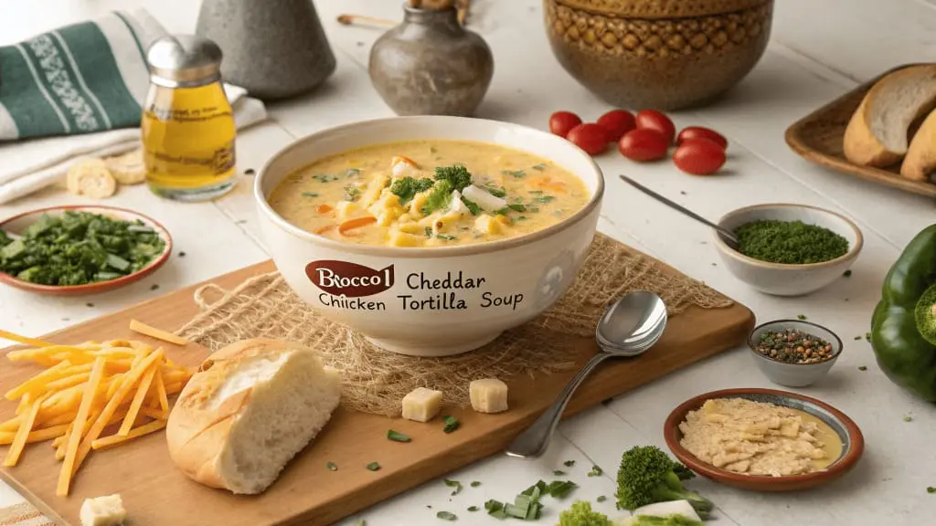 A steaming bowl of Panera-style Broccoli Cheddar and Chicken Tortilla Soup, garnished with shredded cheese, broccoli, and herbs, surrounded by fresh ingredients like bread, cherry tomatoes, and spices on a rustic kitchen table.