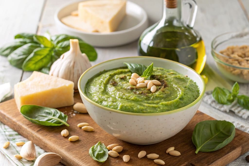 A bowl of fresh spinach pesto garnished with pine nuts and basil leaves, surrounded by ingredients like Parmesan cheese, garlic, olive oil, and fresh spinach on a wooden board.