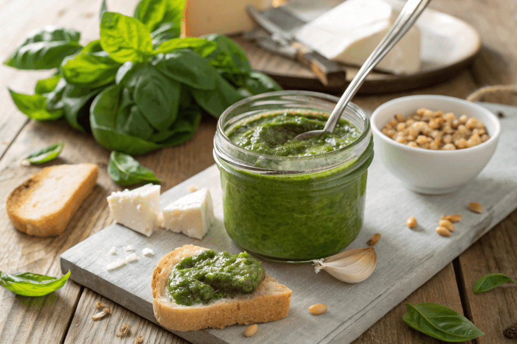 Fresh basil spinach pesto in a glass jar with a spoon, surrounded by fresh basil leaves, spinach, pine nuts, Parmesan cheese, and a slice of bread with pesto spread on it