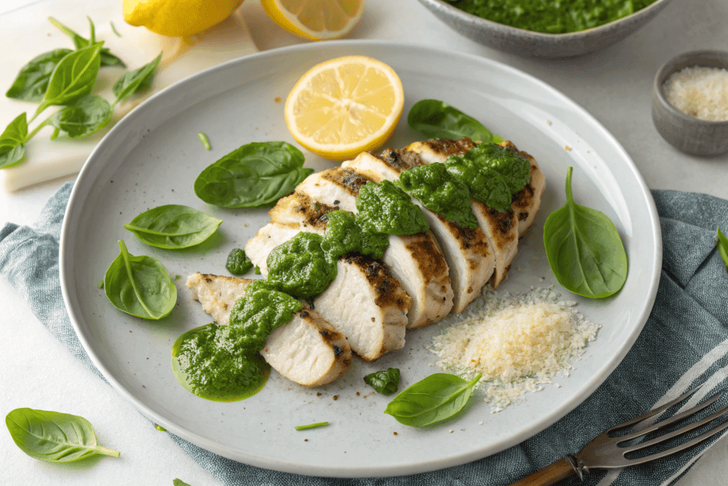 Grilled chicken breast sliced and topped with vibrant spinach pesto, garnished with fresh spinach leaves, lemon slices, and Parmesan cheese on a white plate